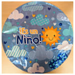 Round foil balloon with clouds, hearts, sun, and Spanish text