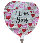 Heart-shaped foil balloon with "I Love You" text and pink-red hearts