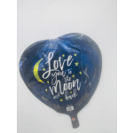 Heart-shaped balloon with "Love you to the moon and back" text