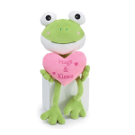 Plush frog holding a pink heart with "Hugs & Kisses" text