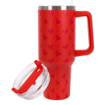 Red handled travel tumbler with embossed hearts, clear lid, and straw