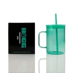 Teal plastic handled tumbler with lid and straw next to its black branded box