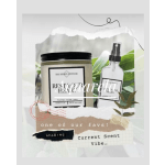 A candle jar and spray bottle with a leafy background and text overlay