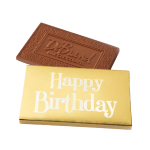 Two chocolate bars, one labeled Happy Birthday and one DeBrand Fine Chocolates.