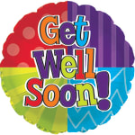 Round multicolor balloon with the words "Get Well Soon!"