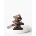 Stack of dark chocolate pieces on a small white plate