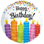 Round birthday balloon with colorful candles and confetti