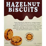 Package of hazelnut biscuits with a serving suggestion of two sandwich cookies