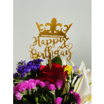 Birthday flower arrangement with a gold topper and red rose