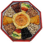 Octagonal gift box with nuts, dried fruit, and a rose-shaped centerpiece