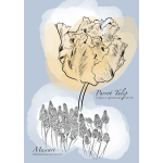 Illustration of a parrot tulip above clusters of muscari flowers
