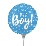 Blue balloon with hearts and the words "It's A Boy!"