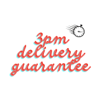 Text graphic reading "3pm delivery guarantee" with a clock icon