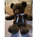 Dark brown teddy bear with a light blue ribbon bow