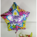 Star-shaped birthday balloon with colorful stripes and text.