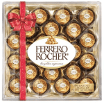 Box of Ferrero Rocher chocolates tied with a red ribbon