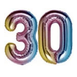 Two metallic balloons shaped like 3 and 0 on a white background