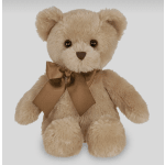 Beige teddy bear with a brown ribbon bow