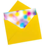 Bright yellow envelope holding a colorful abstract card