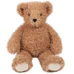 Brown teddy bear plush toy sitting upright on a white background