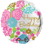 Round floral birthday balloon with pink and blue flowers and gold text