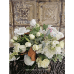 White rose and orchid bouquet with eucalyptus and ribbon