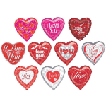 Heart-shaped love-themed balloons in red, pink, and silver