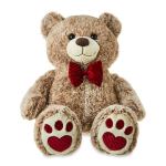 Plush teddy bear with a red bow tie and paw-print feet