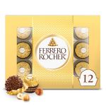Gold box of Ferrero Rocher hazelnut chocolates with 12 pieces and chocolates shown in front