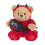 Plush teddy bear in a red devil costume holding a heart