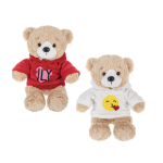 Two teddy bears in hoodies, one red and one white