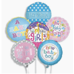 Five baby shower balloons in blue, pink, and gray with gender reveal messages