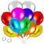 Cluster of colorful round foil balloons with ribbons and balloon tape rolls.