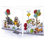 Greeting card with cartoon dogs, balloons, and birthday gifts