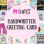 Collage of handwritten greeting cards with a large pink circle reading PV Florist