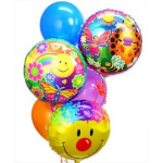 Cluster of colorful balloons with smiley faces and floral prints