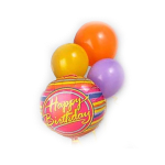 Birthday balloon bouquet with three solid balloons and one printed balloon