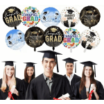 Assorted Congrats Grad foil balloons above smiling graduates in caps and gowns holding diplomas.