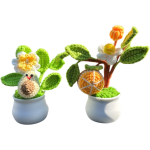 Two crocheted potted plants with flowers and fruit shapes