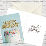 Birthday cards with a cake and gold balloon letters