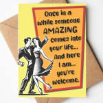 Greeting card with a dancing couple illustration and bold text on a yellow background