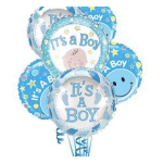Bouquet of blue “It’s a Boy” round balloons with baby and smiley face designs