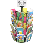 Greeting card display rack with colorful cards