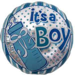 Blue foil balloon with "It's a Boy" text and a gift box graphic