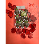 Box of chocolate-covered strawberries with rose petals