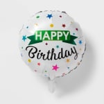 Round birthday balloon with colorful stars and "Happy Birthday" text