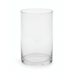 Empty clear glass cylinder vase on a white background