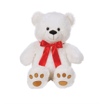 White teddy bear with a red ribbon bow