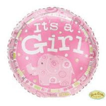 Pink round balloon with "It's a Girl" text and an elephant graphic