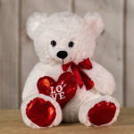 White teddy bear holding a red heart with a ribbon